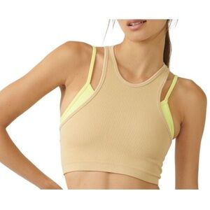 Ribbed Tan Sports Bra with Neon Straps